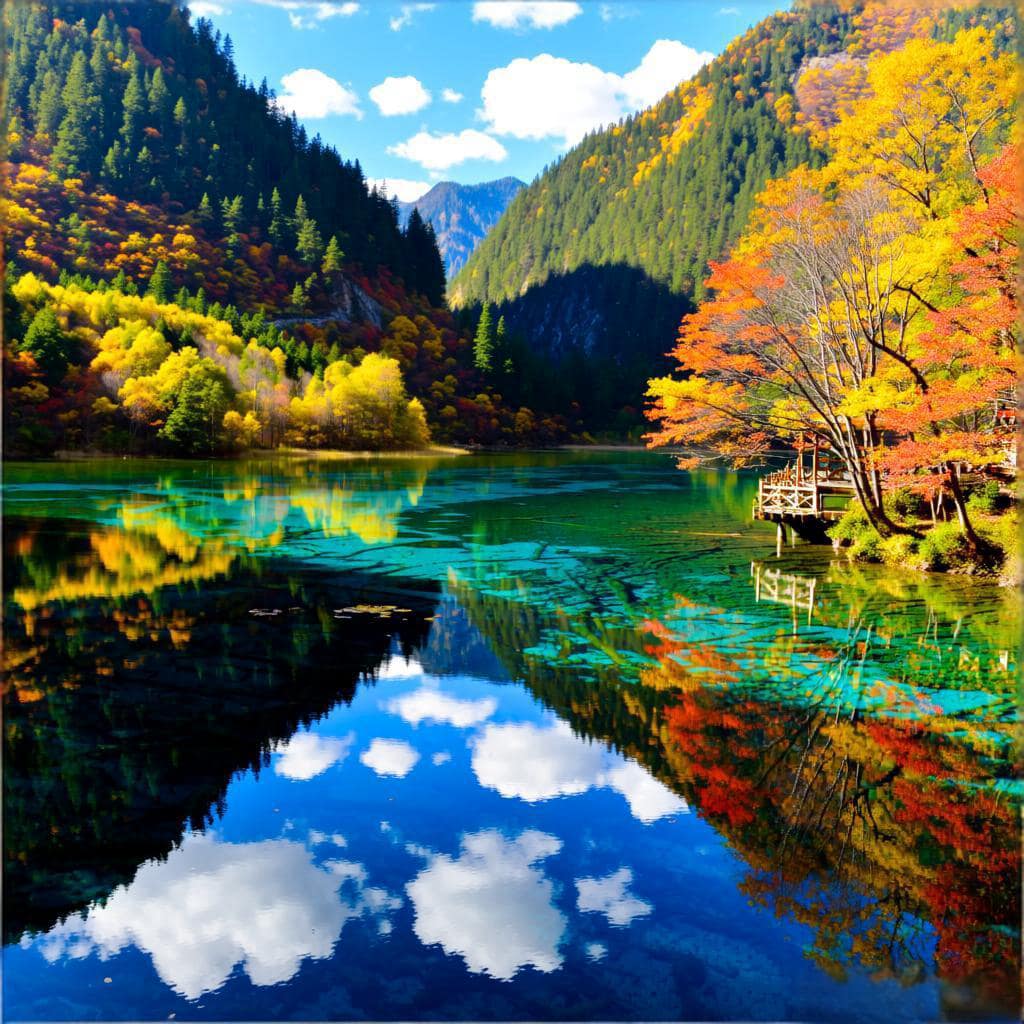 Five-Flower Lake with turquoise water & golden forests