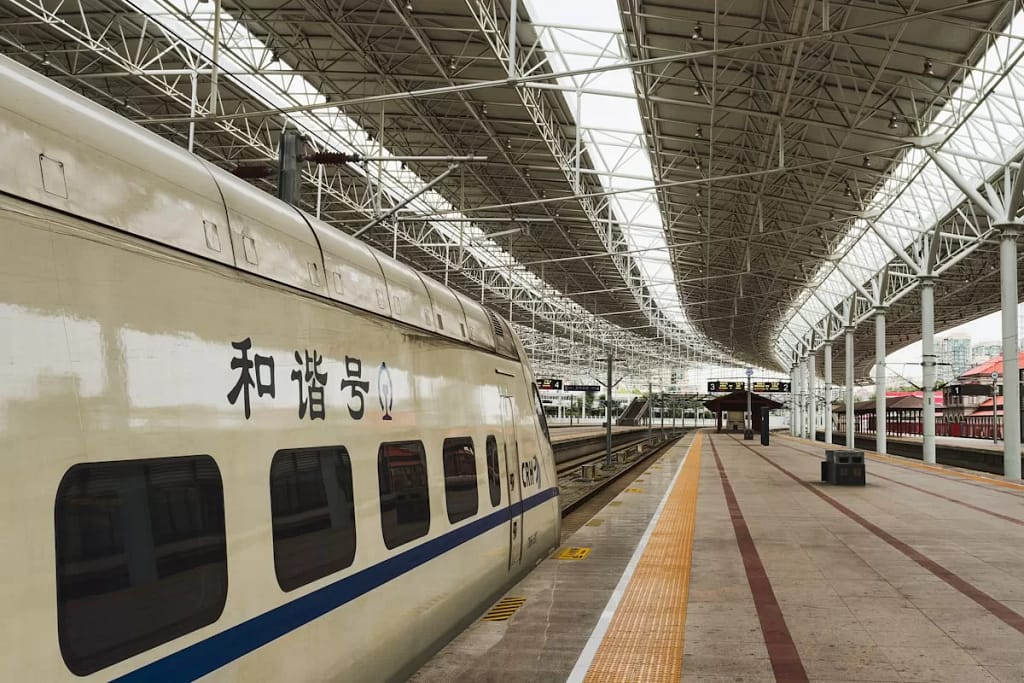 China high-speed train at modern station platform