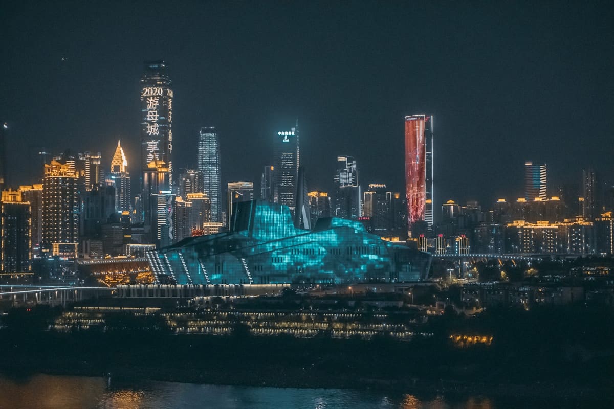 Chongqing cyberpunk nightscape with neon lights reflecting on wet streets