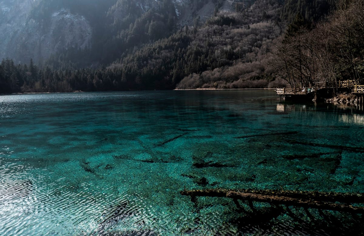 Turquoise blue waters of Five-Flower Lake in Jiuzhaigou Valley National Park Sichuan China