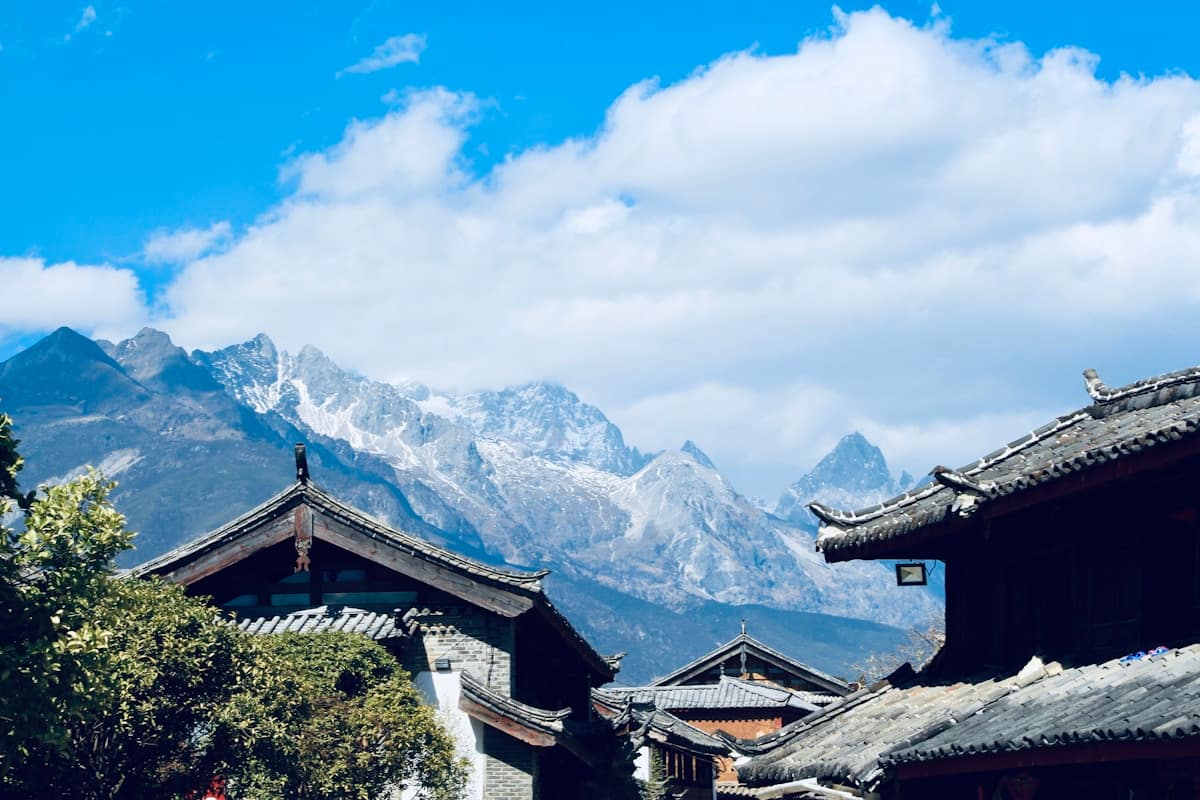 Scenic landscape view of Dali ancient town with mountains and traditional architecture in Yunnan China