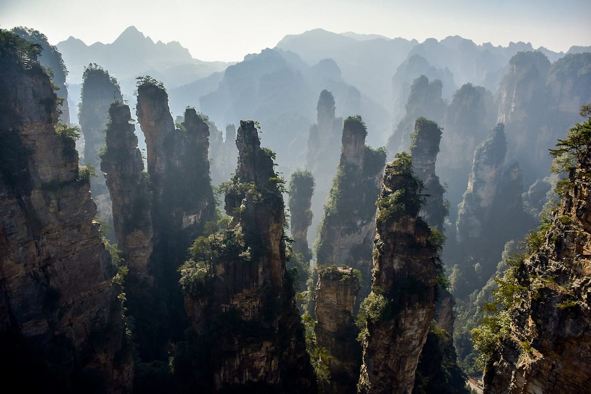 Towering sandstone pillars of Zhangjiajie National Forest Park in Hunan China