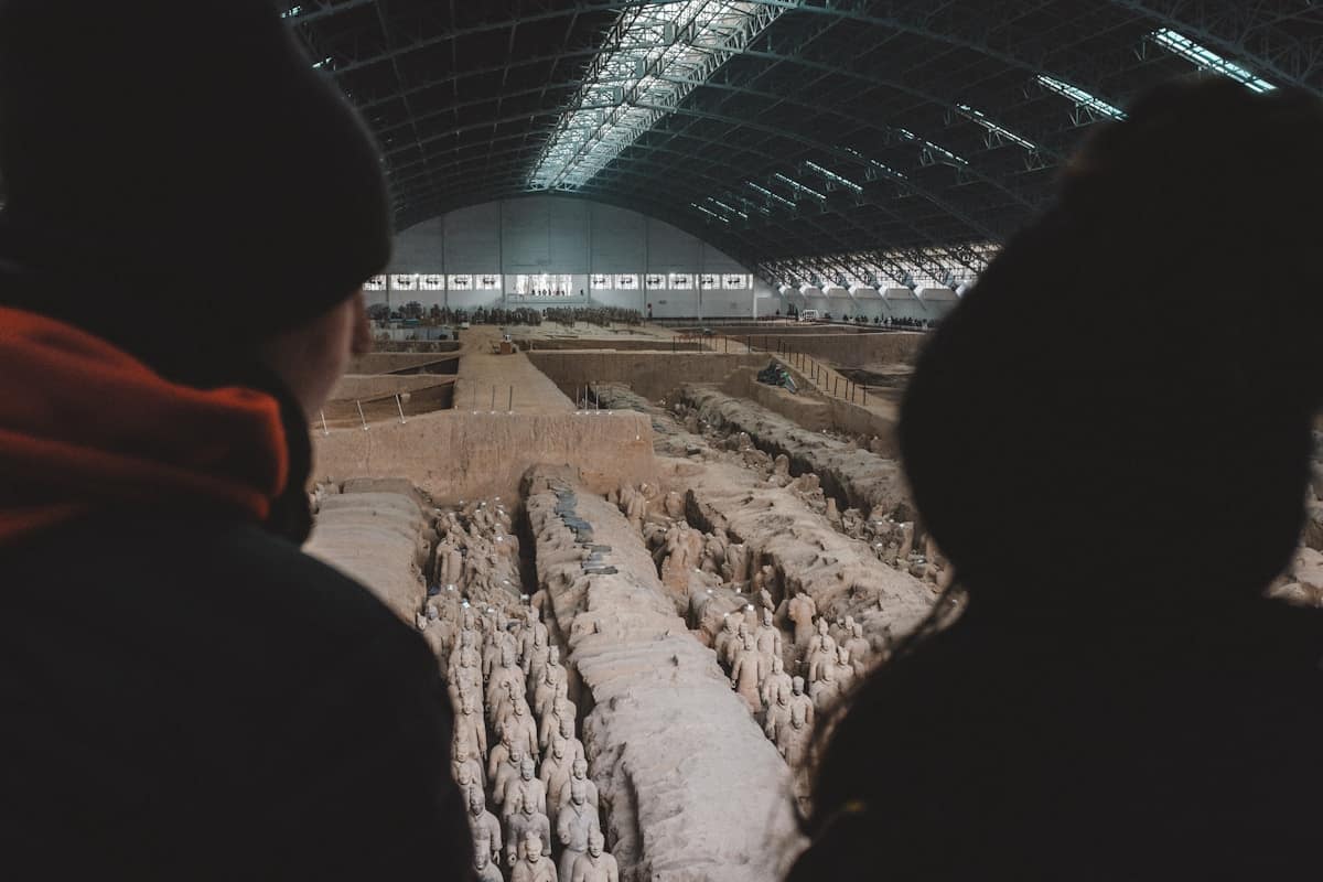 Rows of Terracotta Warriors in excavation Pit 1 at Emperor Qin Shi Huang Mausoleum in Xi'an China
