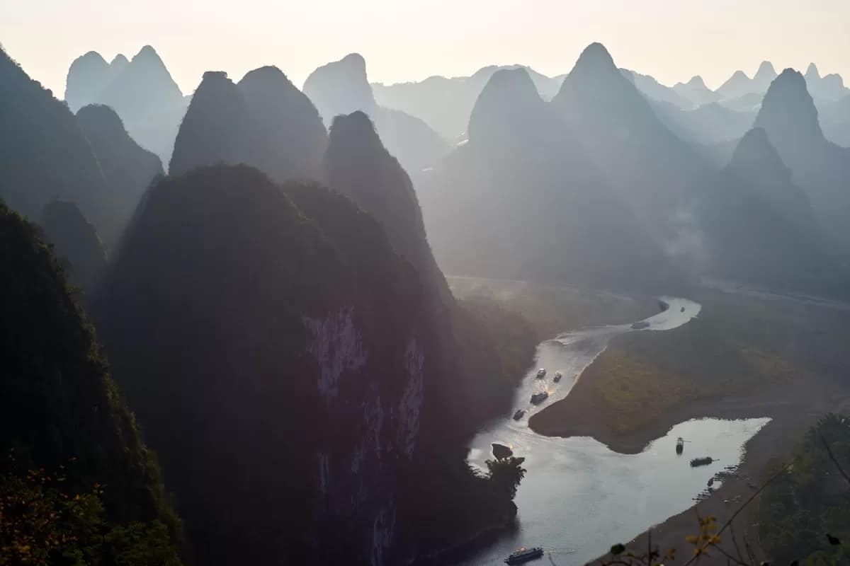 Dramatic limestone karst peaks along the Li River in Yangshuo Guilin