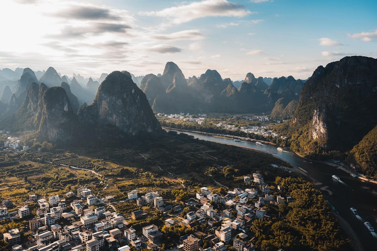 Bamboo rafts on the Yulong River with karst mountain backdrop in Yangshuo China