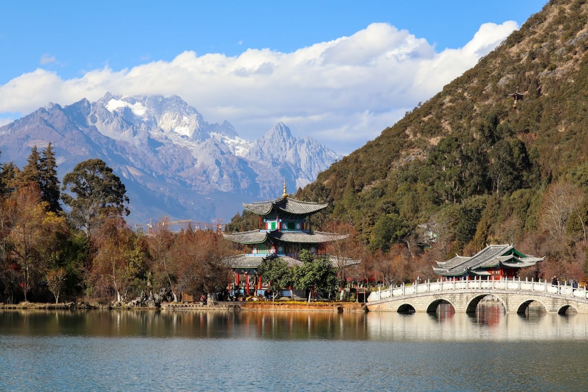 Traditional wooden architecture and canals in Lijiang Old Town Yunnan China