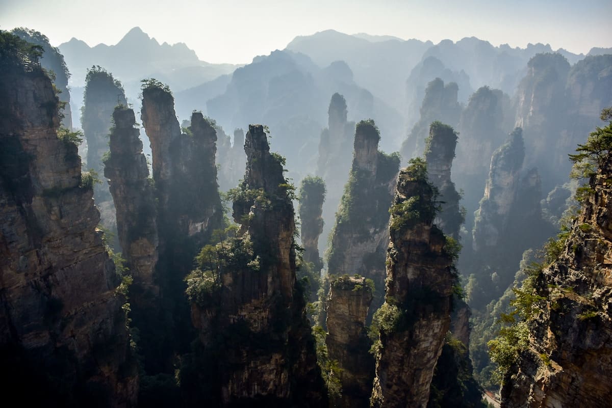 Towering sandstone pillars of Zhangjiajie National Forest Park in Hunan China