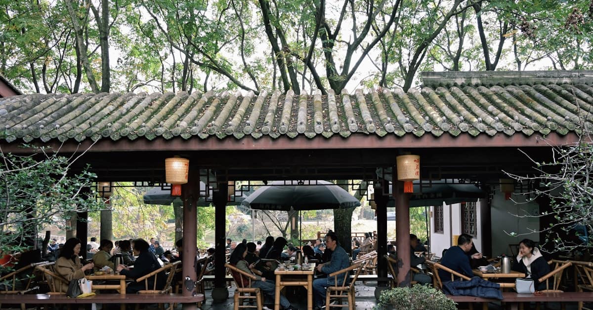 chengdu teahouse - people seated at tables under covered outdoor area