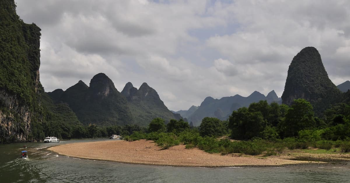 Guilin karst mountains and Li River - view from train route