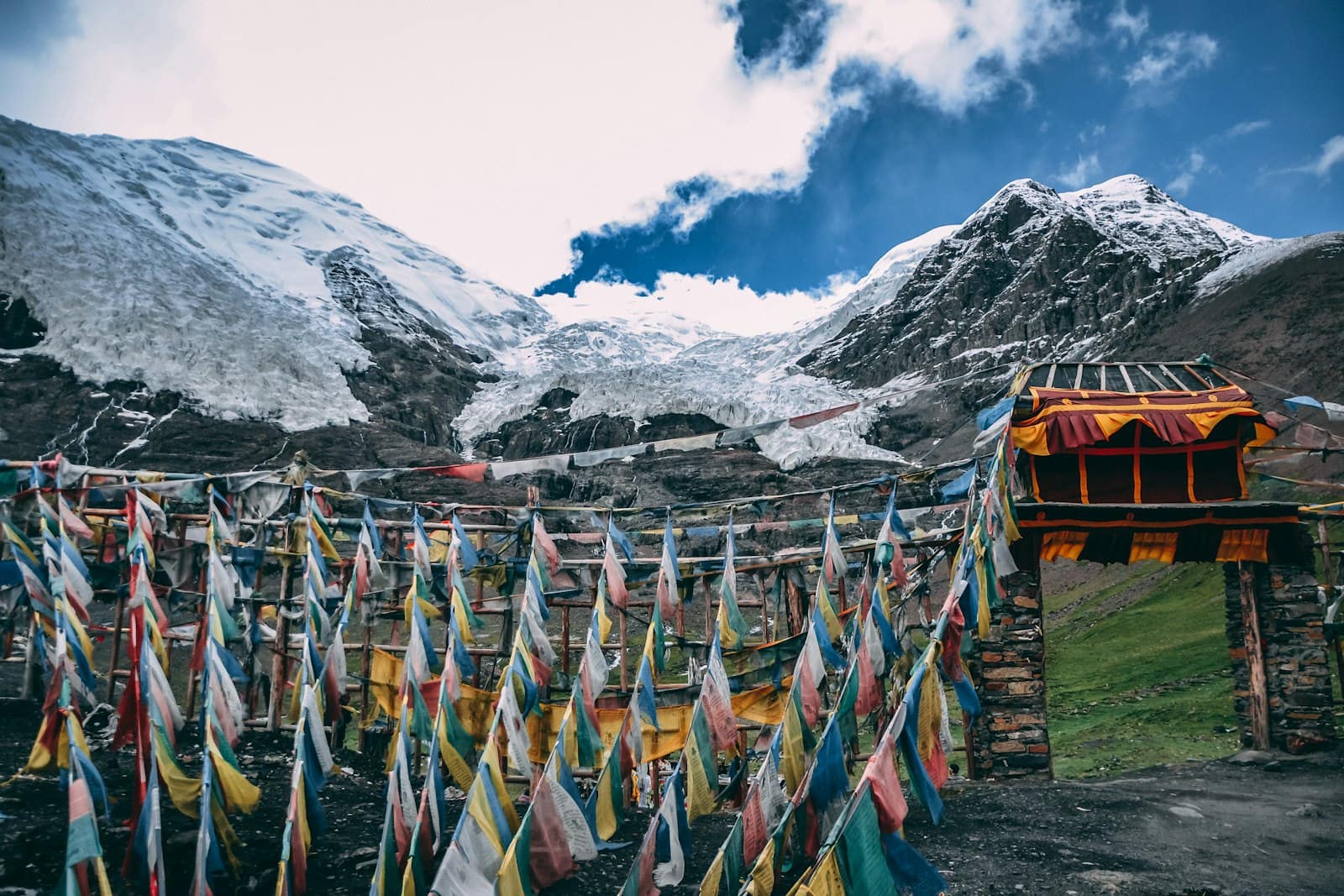tibet permit 2026 - prayer flags strung across a Tibetan mountain pass