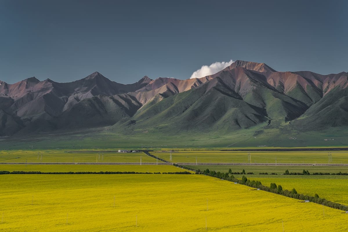 china in august - Yunnan plateau grassland with mountains in the background