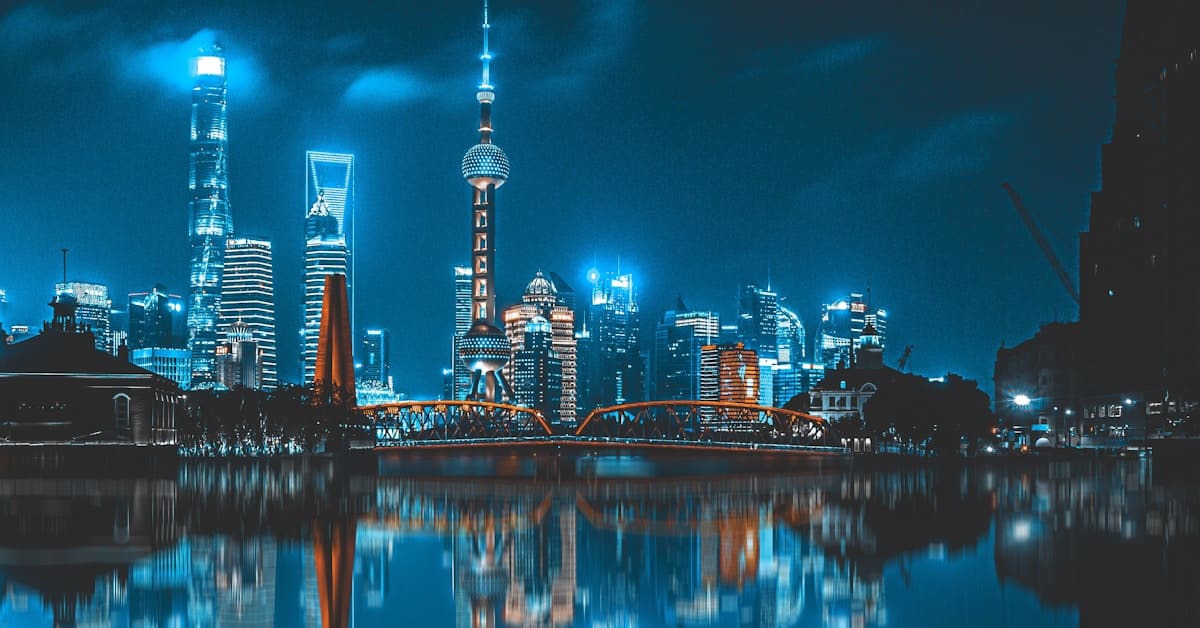 china vpn - Shanghai city skyline at night with digital connectivity