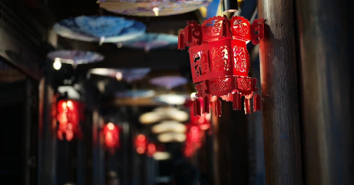 chengdu old street - red lanterns hanging in traditional alleyway