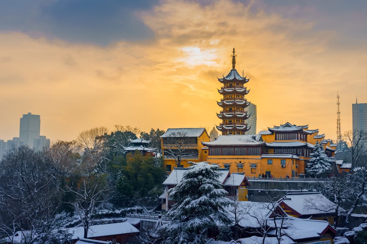 china in december - traditional pagoda temple in winter quiet season