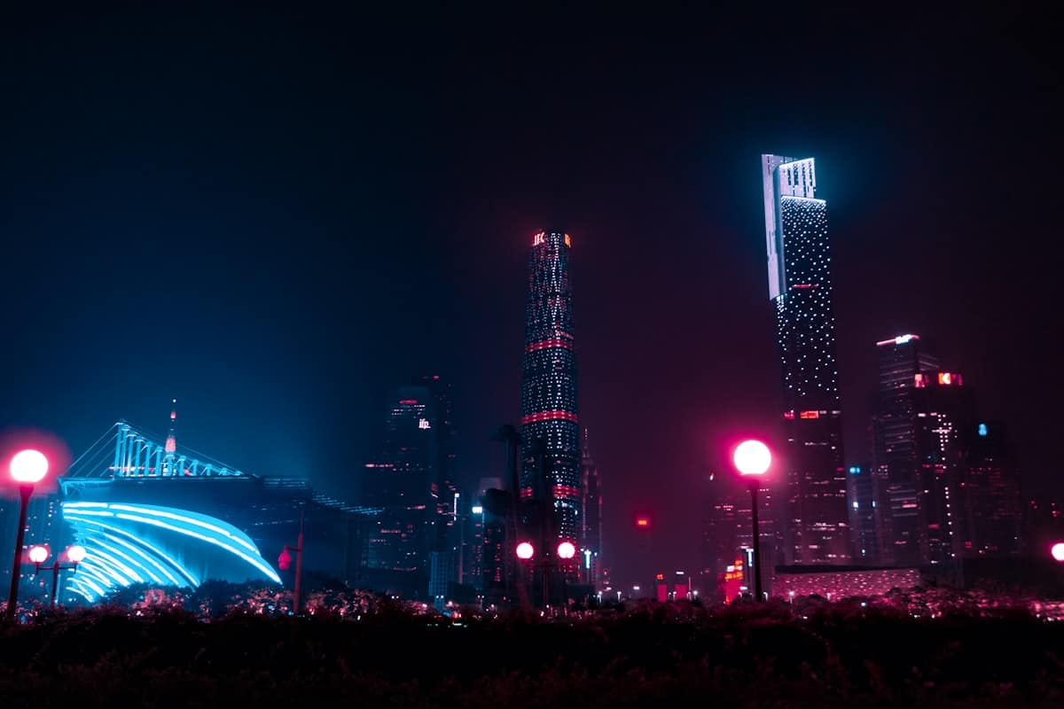 china in january - city highrise lights at night winter season