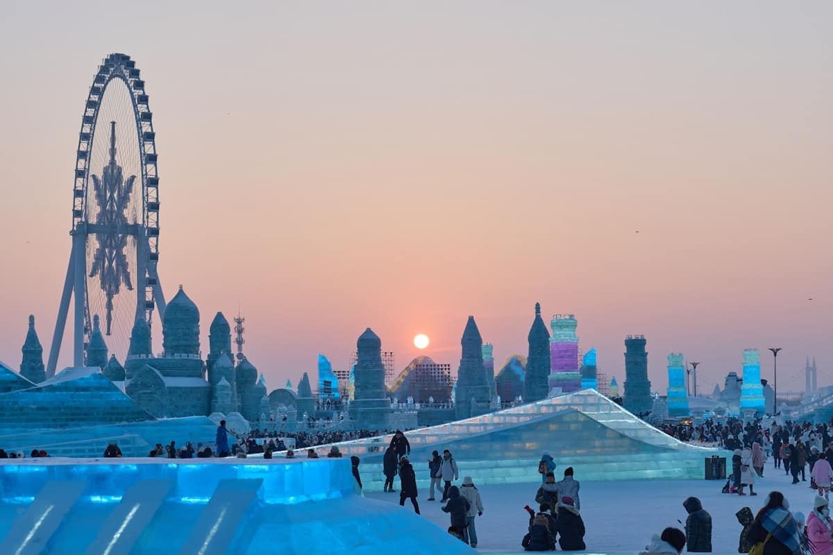 china in january - harbin ice festival fully illuminated at night official season