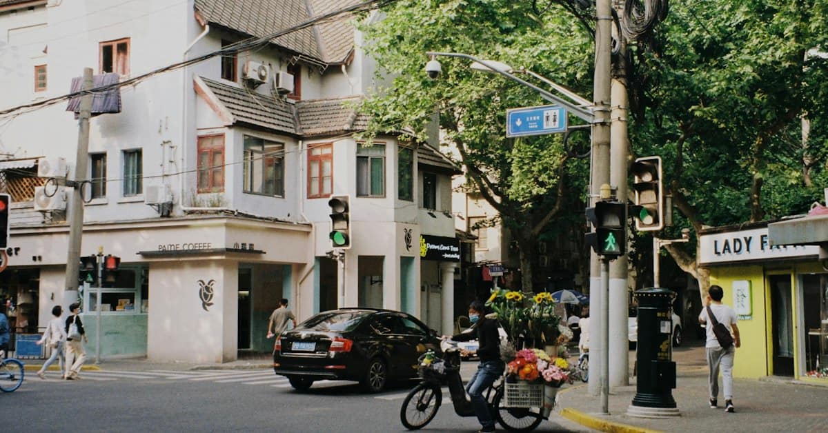 shanghai former french concession - tree lined street with old buildings